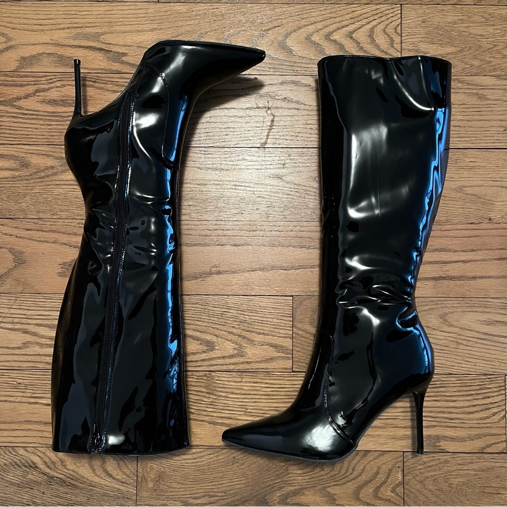 Fashion Nova Black Patent Stiletto Boots Pointed Toe Sz 11